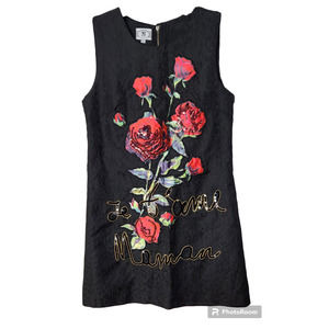 NJ Couture Floral Appliqued Black Shift Dress S